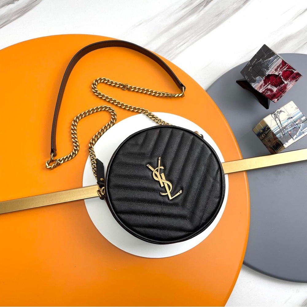 Yves Saint Laurent Black Chevron Crossbody Bag with Gold Accents